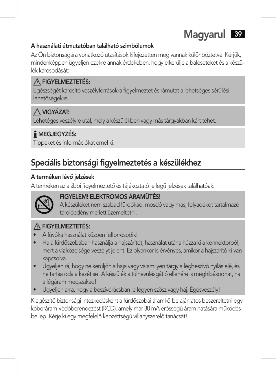 Magyarul, Speciális biztonsági figyelmeztetés a készülékhez | AEG HT 5579 User Manual | Page 39 / 52