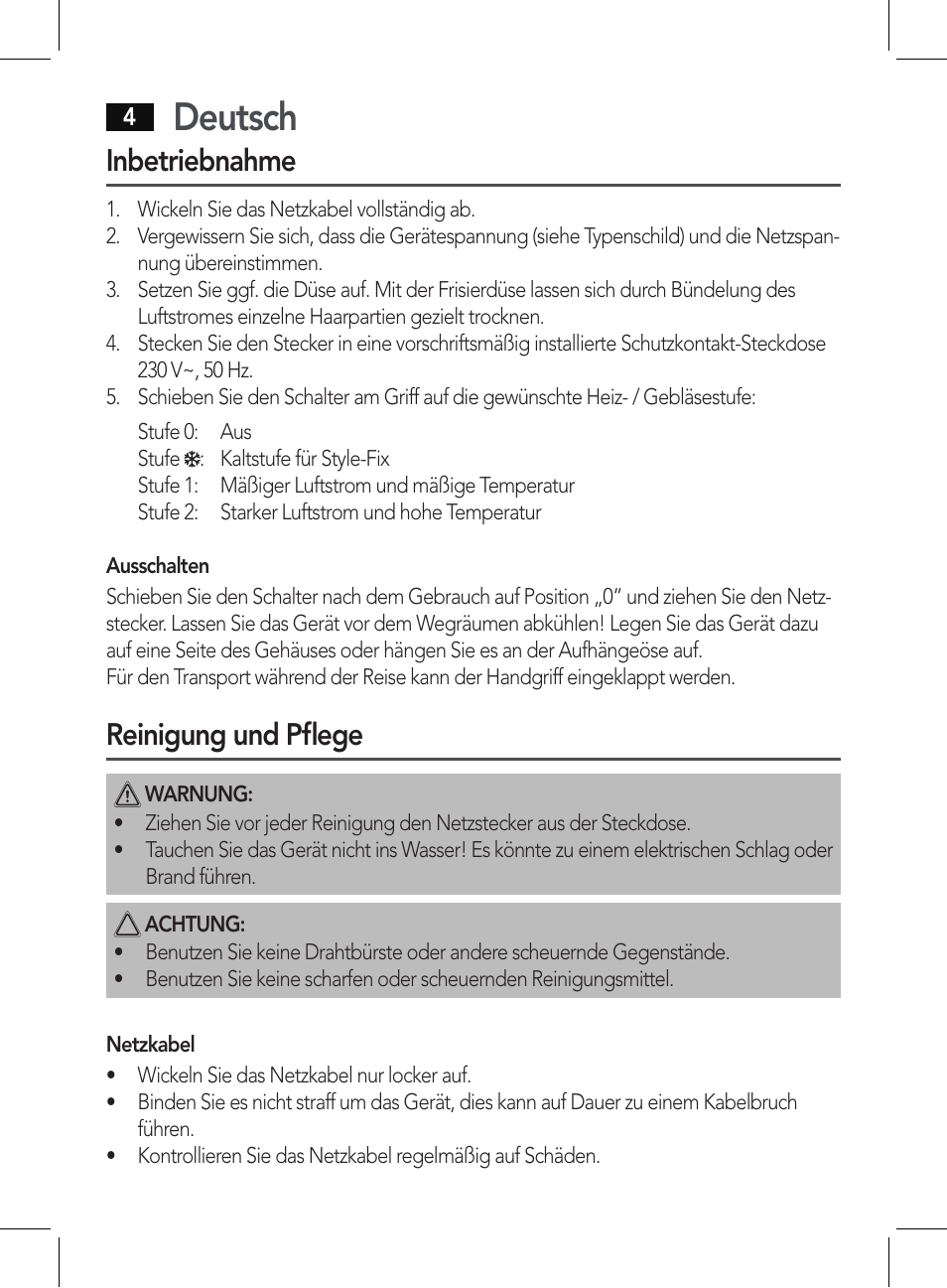 Deutsch, Inbetriebnahme, Reinigung und pflege | AEG HT 5579 User Manual | Page 4 / 52