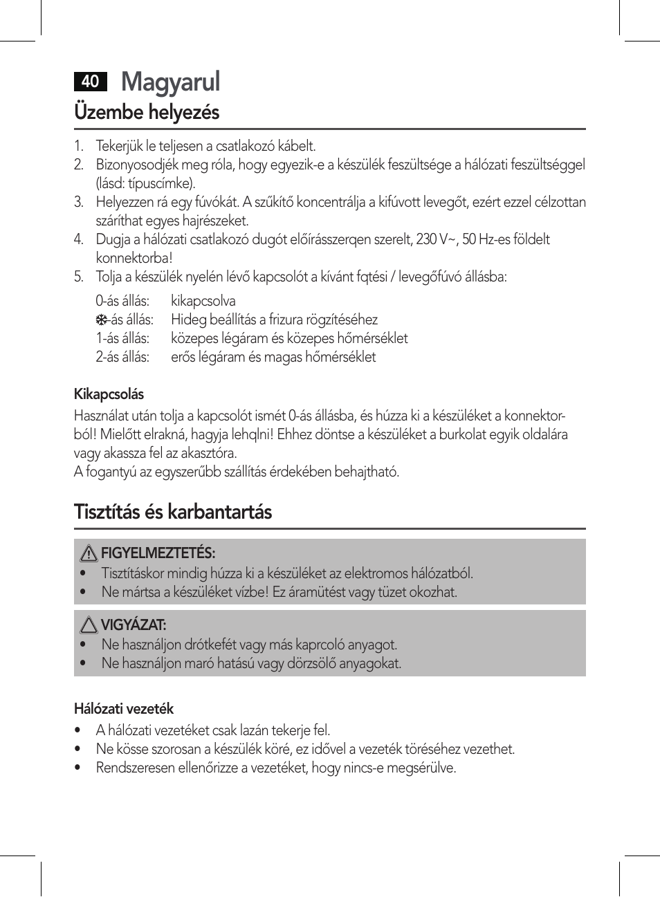 Magyarul, Üzembe helyezés, Tisztítás és karbantartás | AEG HT 5579 User Manual | Page 40 / 52
