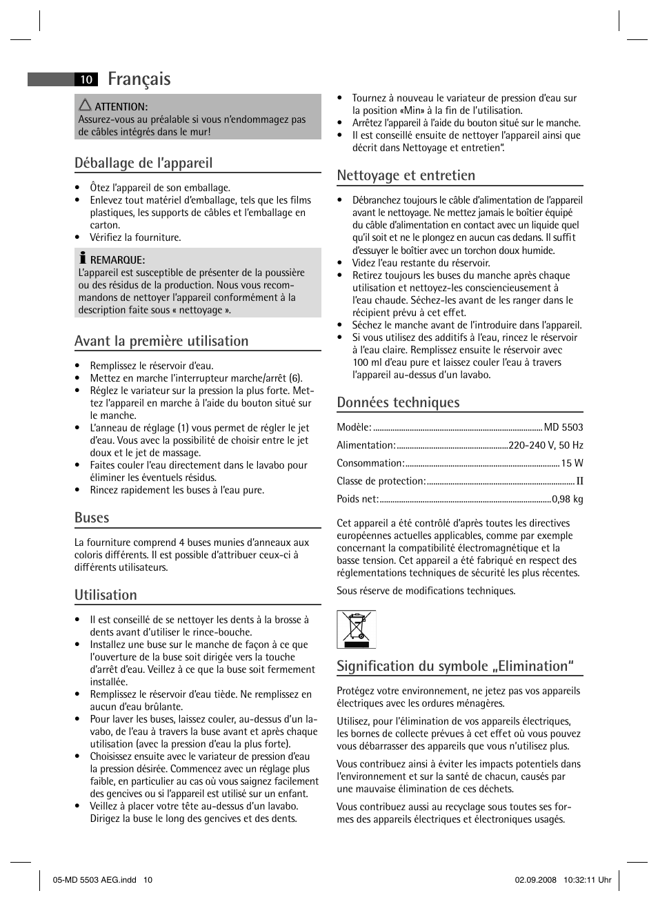 Français, Déballage de l’appareil, Avant la première utilisation | Buses, Utilisation, Nettoyage et entretien, Données techniques, Signifi cation du symbole „elimination | AEG MD 5503 User Manual | Page 10 / 34