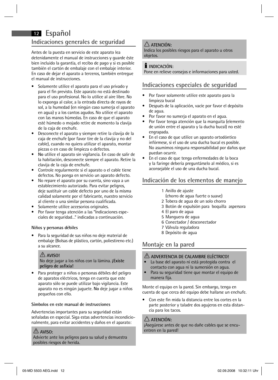 Español, Indicaciones generales de seguridad, Indicaciones especiales de seguridad | Indicación de los elementos de manejo, Montaje en la pared | AEG MD 5503 User Manual | Page 12 / 34