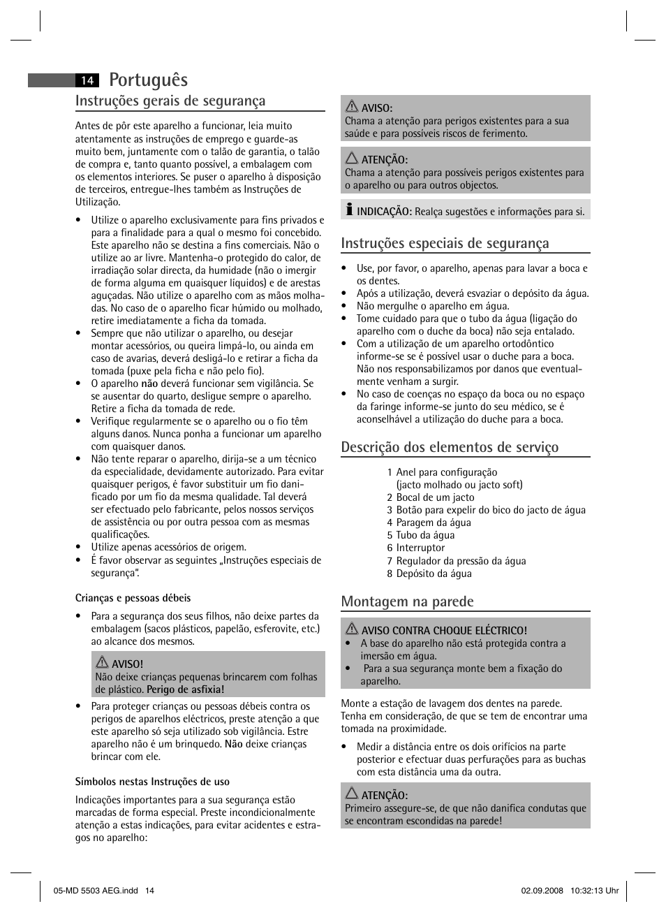 Português, Instruções gerais de segurança, Instruções especiais de segurança | Descrição dos elementos de serviço, Montagem na parede | AEG MD 5503 User Manual | Page 14 / 34