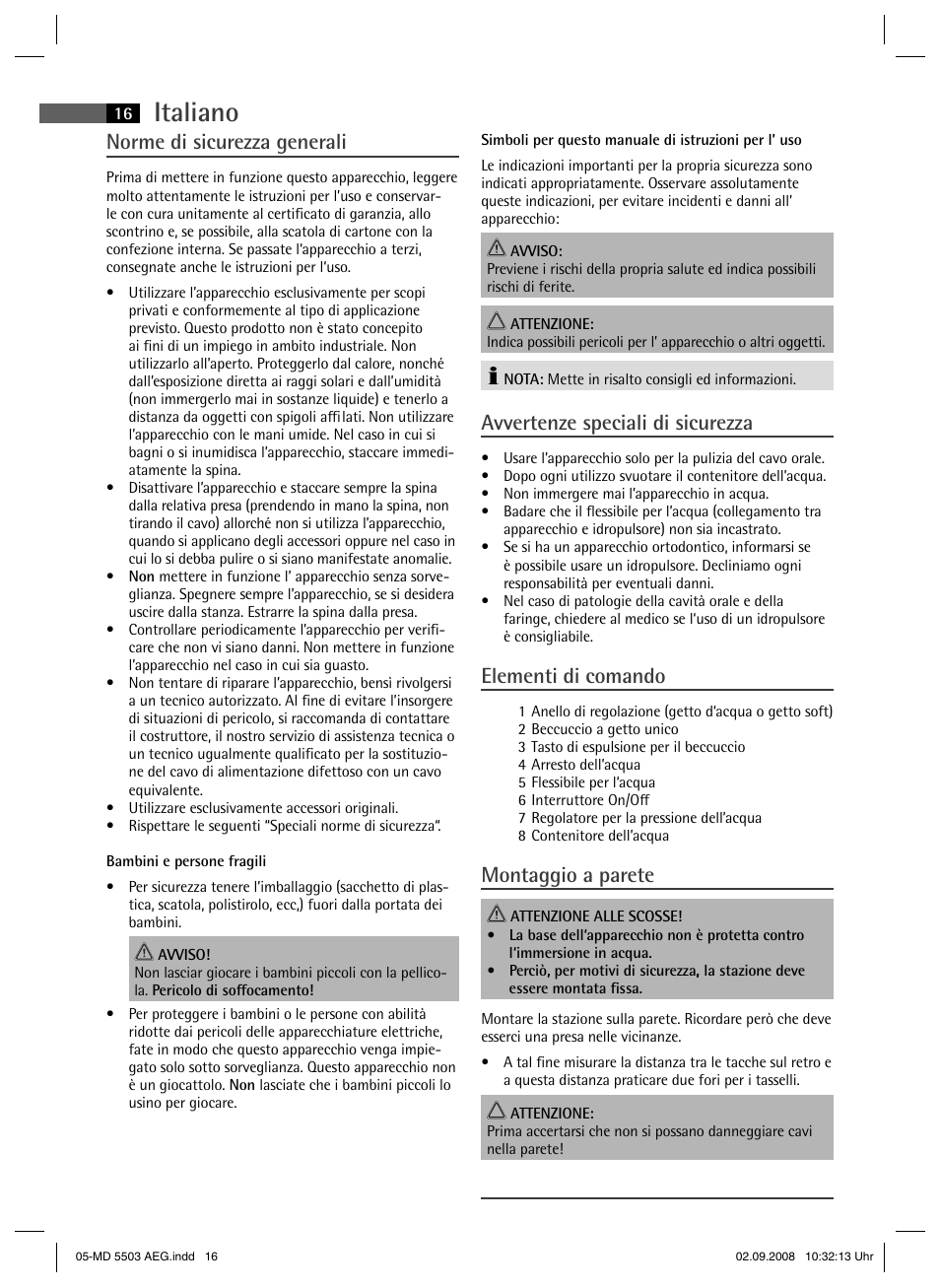 Italiano, Norme di sicurezza generali, Avvertenze speciali di sicurezza | Elementi di comando, Montaggio a parete | AEG MD 5503 User Manual | Page 16 / 34