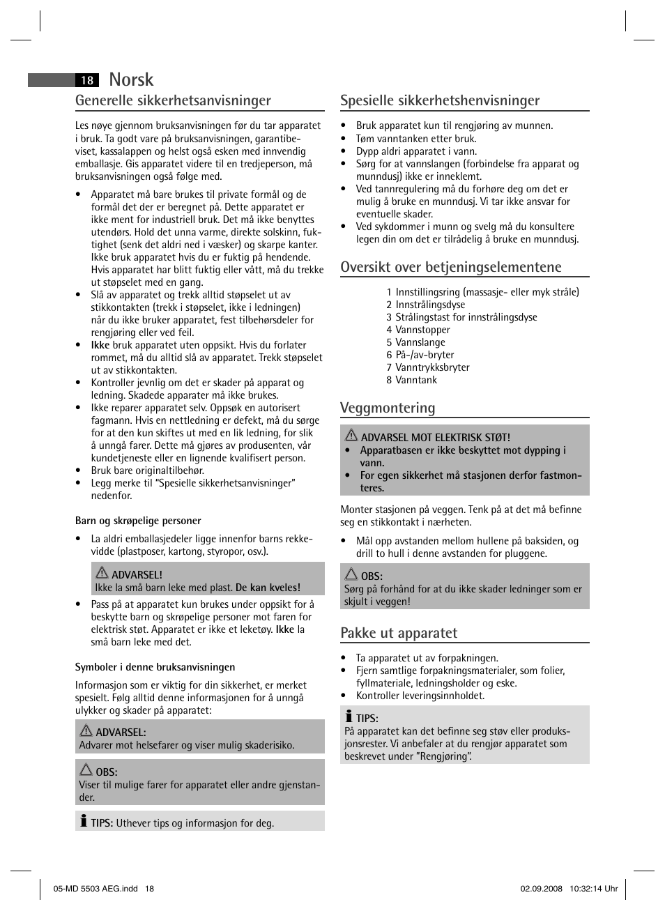 Norsk, Generelle sikkerhetsanvisninger, Spesielle sikkerhetshenvisninger | Oversikt over betjeningselementene, Veggmontering, Pakke ut apparatet | AEG MD 5503 User Manual | Page 18 / 34