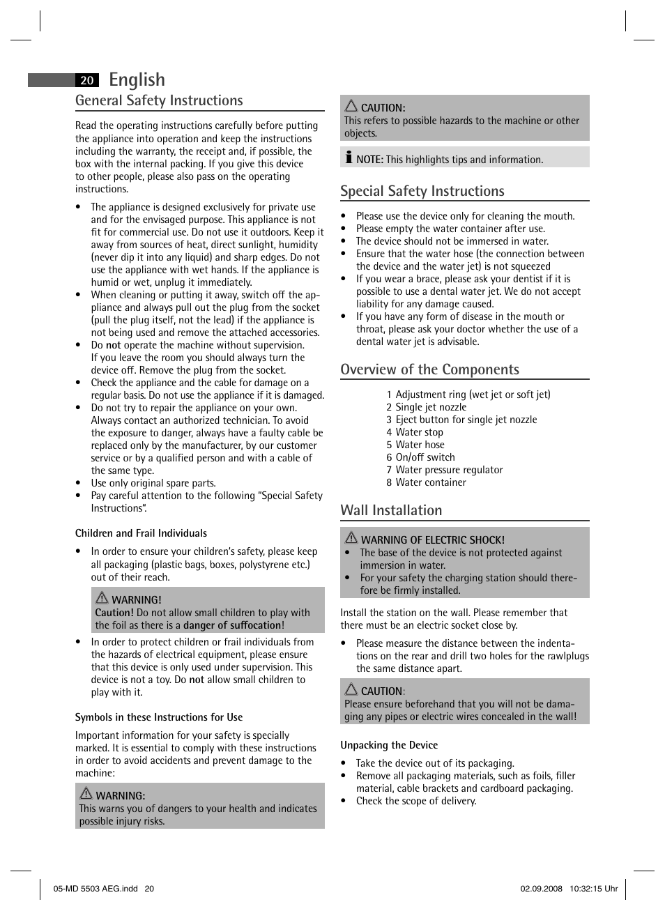 English, General safety instructions, Special safety instructions | Overview of the components, Wall installation | AEG MD 5503 User Manual | Page 20 / 34
