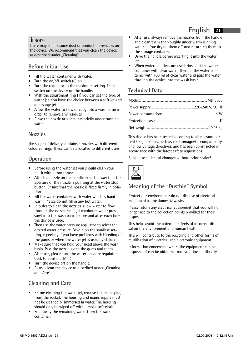 English, Before initial use, Nozzles | Operation, Cleaning and care, Technical data, Meaning of the “dustbin” symbol | AEG MD 5503 User Manual | Page 21 / 34