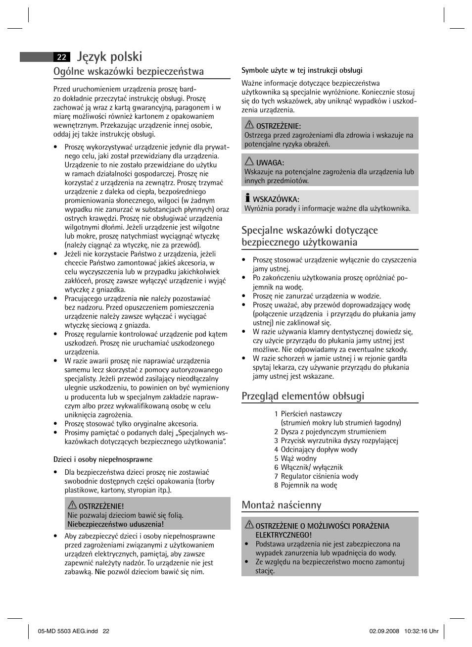 Język polski, Ogólne wskazówki bezpieczeństwa, Przegląd elementów obłsugi | Montaż naścienny | AEG MD 5503 User Manual | Page 22 / 34