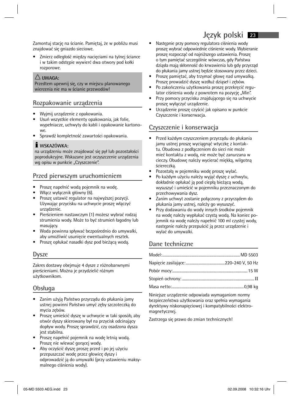 Język polski, Rozpakowanie urządzenia, Przed pierwszym uruchomieniem | Dysze, Obsługa, Czyszczenie i konserwacja, Dane techniczne | AEG MD 5503 User Manual | Page 23 / 34