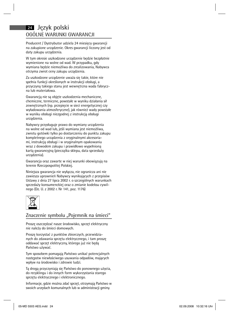 Język polski, Ogólne warunki gwarancji, Znaczenie symbolu „pojemnik na śmieci | AEG MD 5503 User Manual | Page 24 / 34