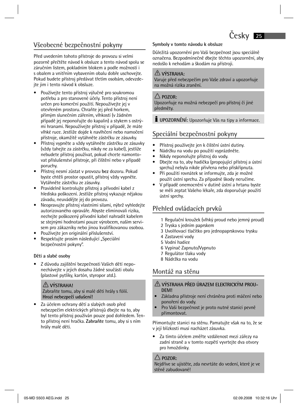 Česky, Všeobecné bezpečnostní pokyny, Speciální bezpečnostní pokyny | Přehled ovládacích prvků, Montáž na stěnu | AEG MD 5503 User Manual | Page 25 / 34