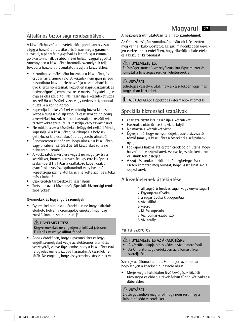 Magyarul, Általános biztonsági rendszabályok, Speciális biztonsági szabályok | A kezelőelemek áttekintése, Falra szerelés | AEG MD 5503 User Manual | Page 27 / 34