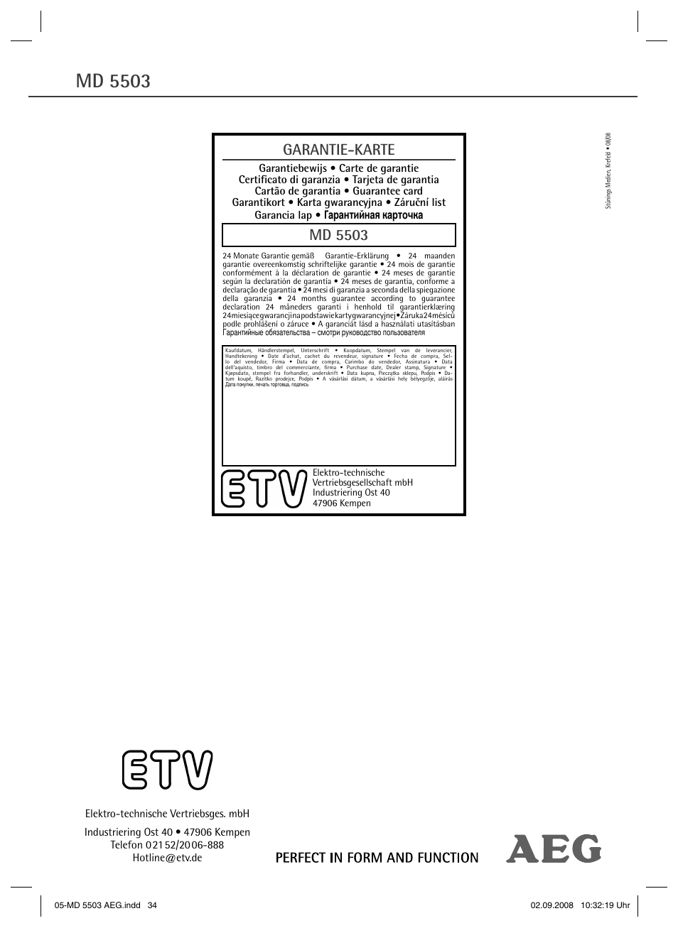 Md 5503, Garantie-karte | AEG MD 5503 User Manual | Page 34 / 34