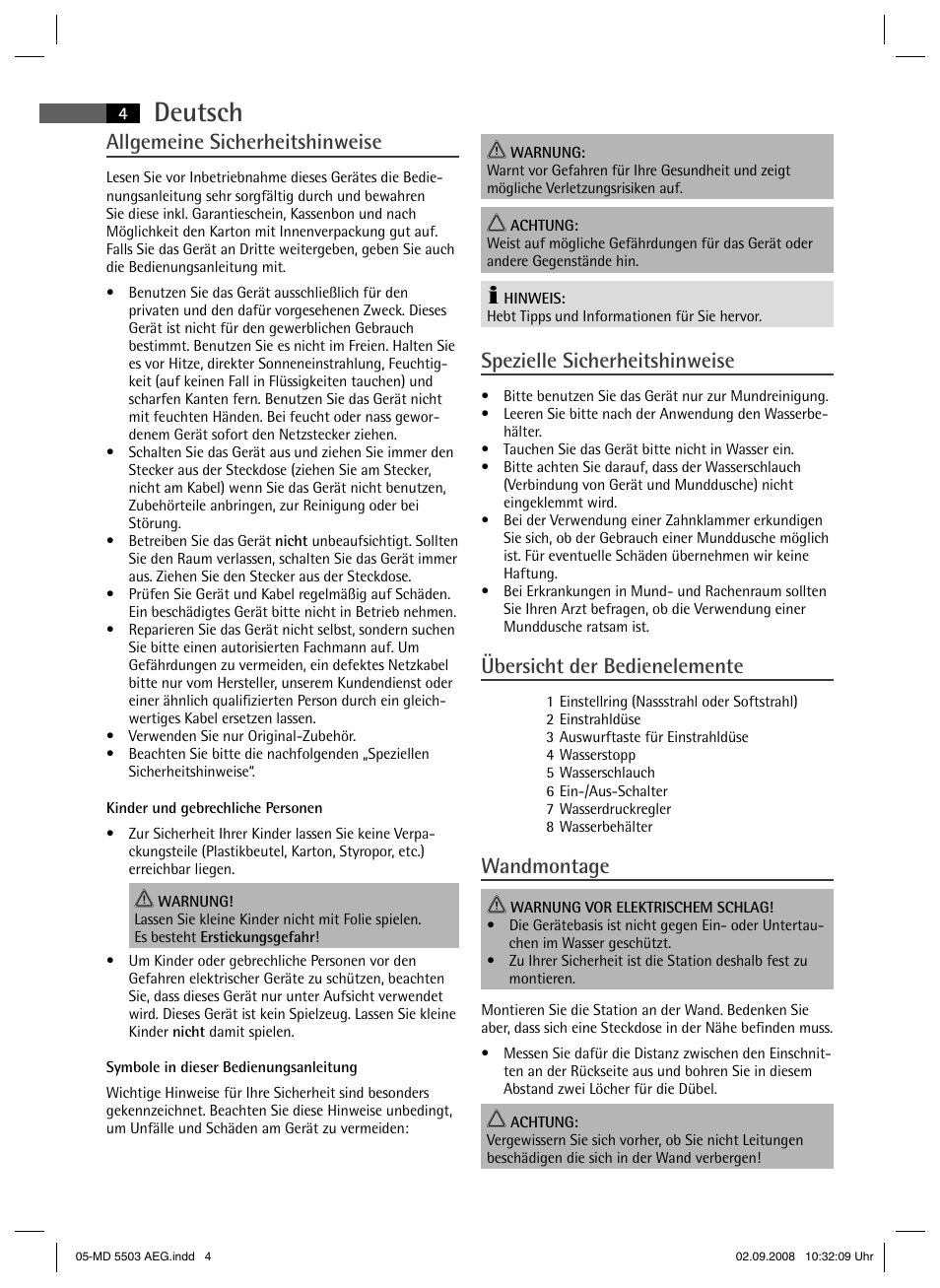 Deutsch, Allgemeine sicherheitshinweise, Spezielle sicherheitshinweise | Übersicht der bedienelemente, Wandmontage | AEG MD 5503 User Manual | Page 4 / 34