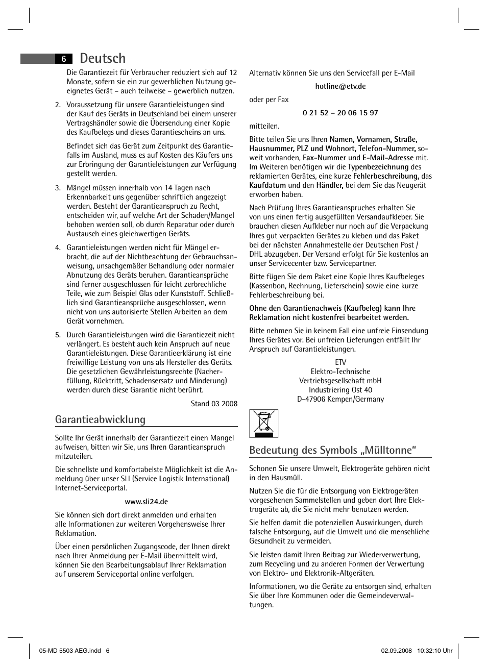 Deutsch, Garantieabwicklung, Bedeutung des symbols „mülltonne | AEG MD 5503 User Manual | Page 6 / 34