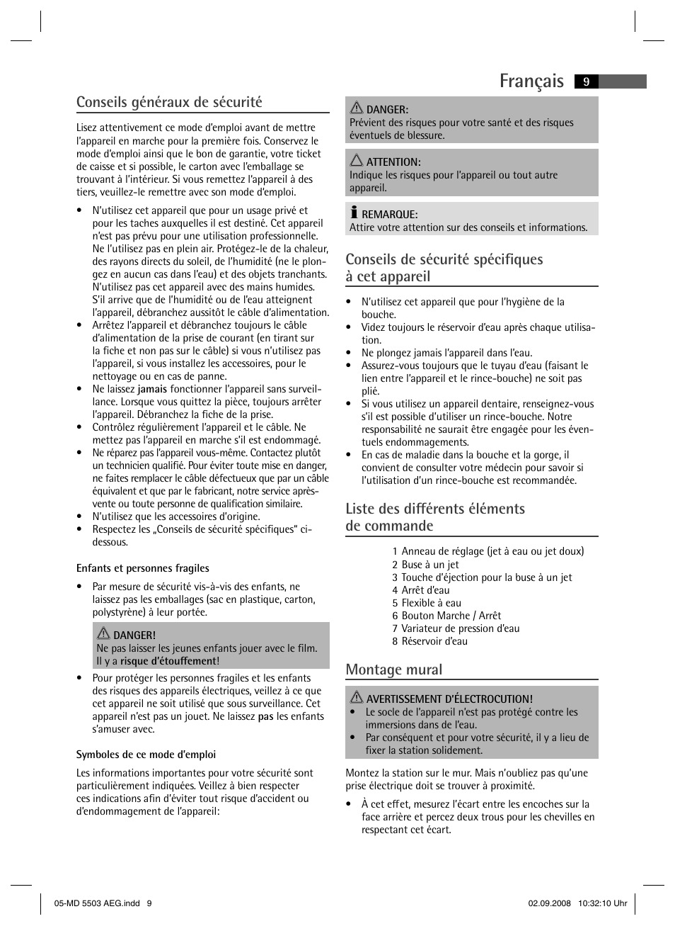 Français, Conseils généraux de sécurité, Conseils de sécurité spécifi ques à cet appareil | Liste des diff érents éléments de commande, Montage mural | AEG MD 5503 User Manual | Page 9 / 34