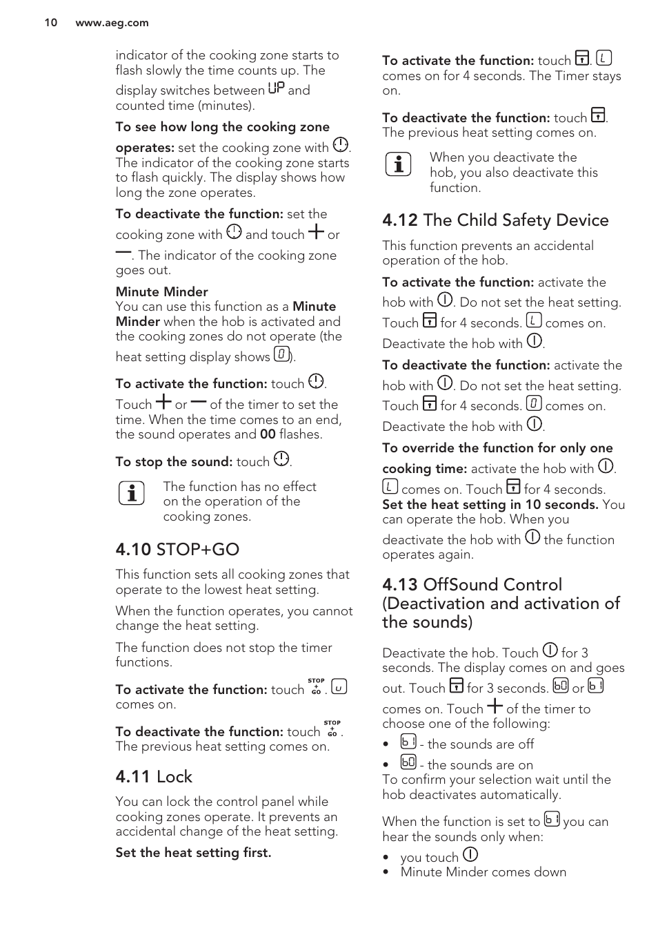 10 stop+go, 11 lock, 12 the child safety device | AEG HK653320FB User Manual | Page 10 / 60