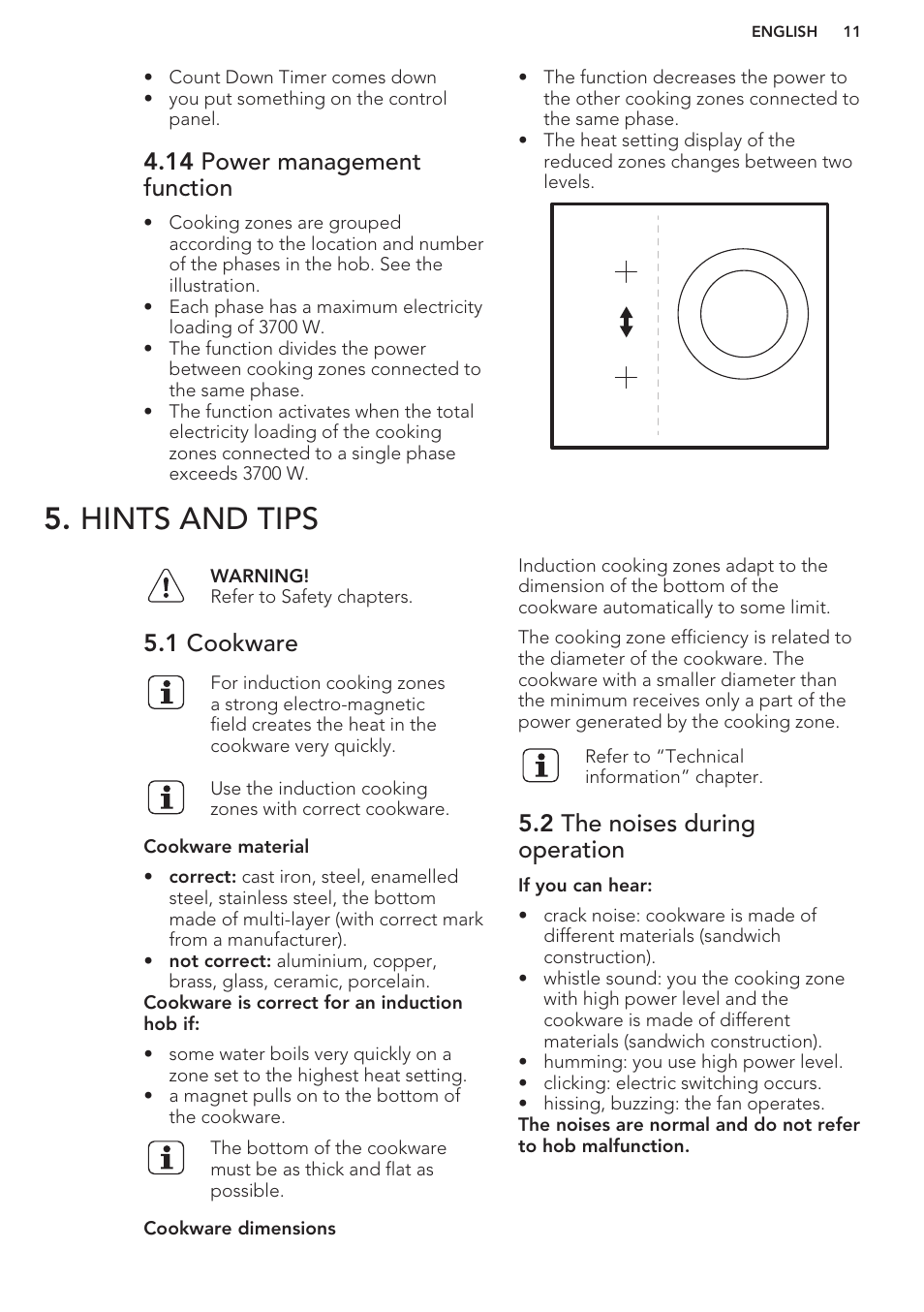 14 power management function, Hints and tips, 1 cookware | 2 the noises during operation | AEG HK653320FB User Manual | Page 11 / 60