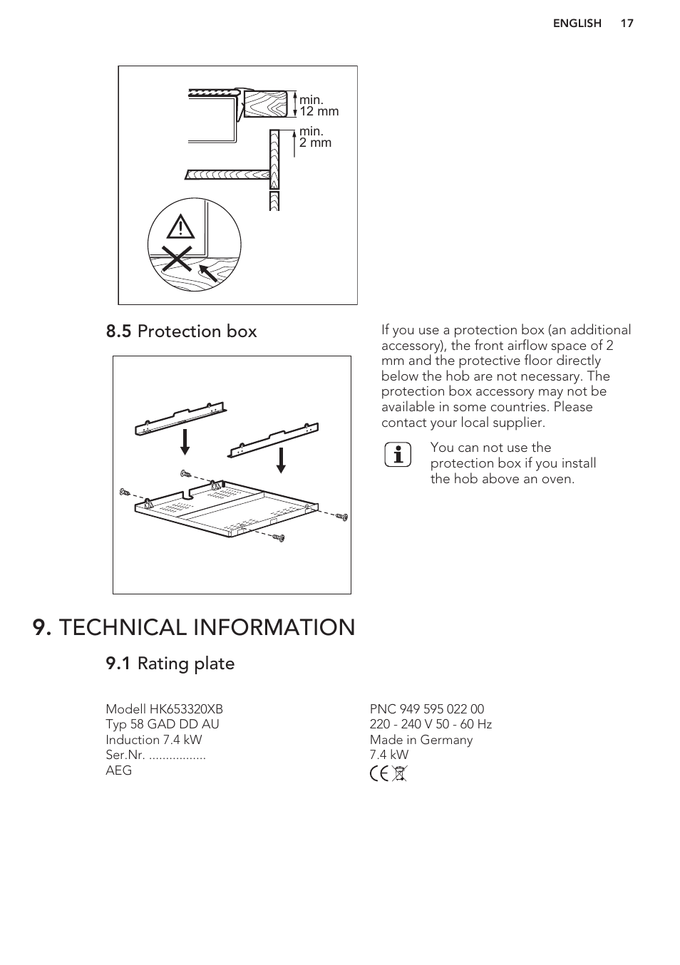 5 protection box, Technical information, 1 rating plate | AEG HK653320FB User Manual | Page 17 / 60