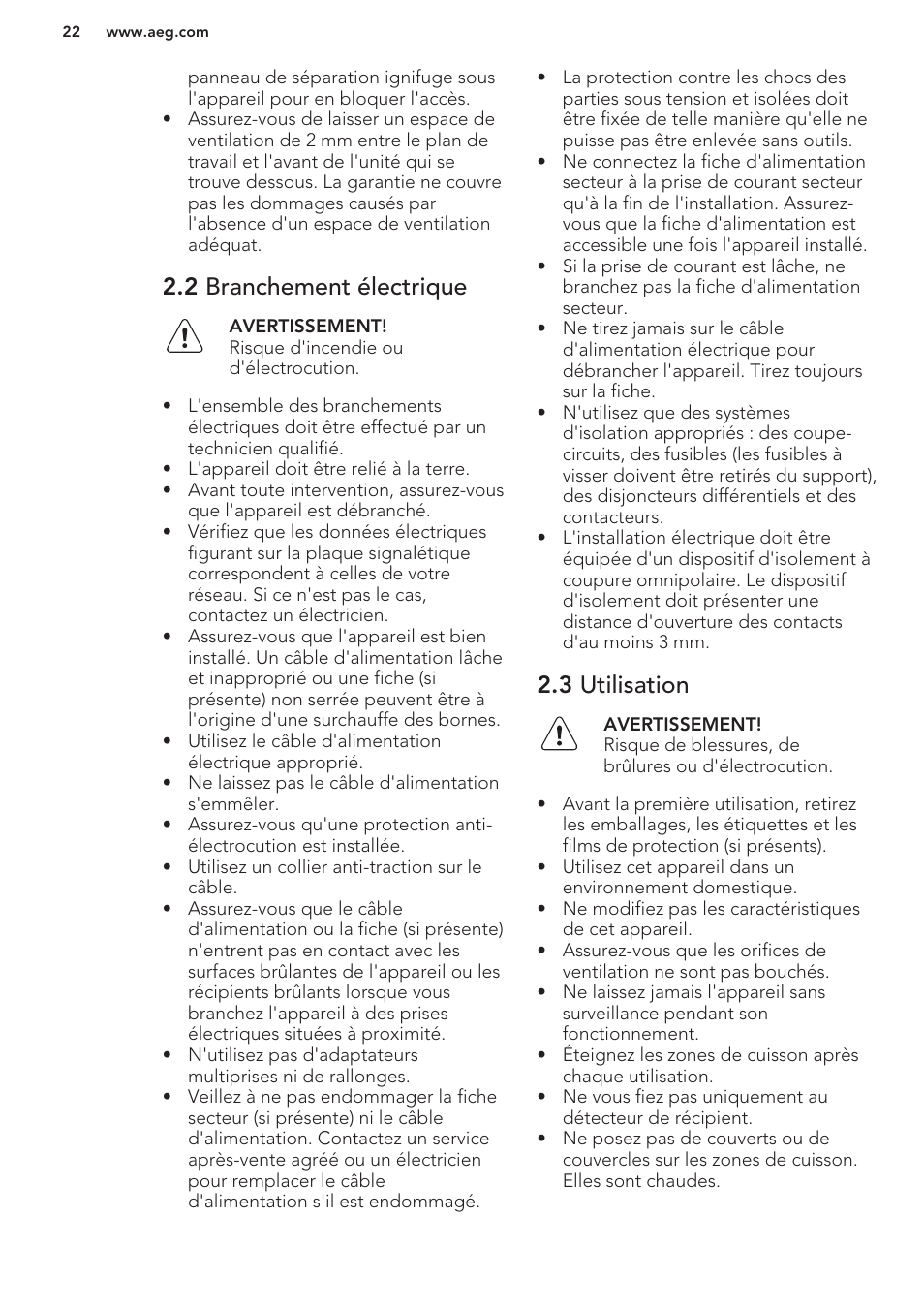 2 branchement électrique, 3 utilisation | AEG HK653320FB User Manual | Page 22 / 60