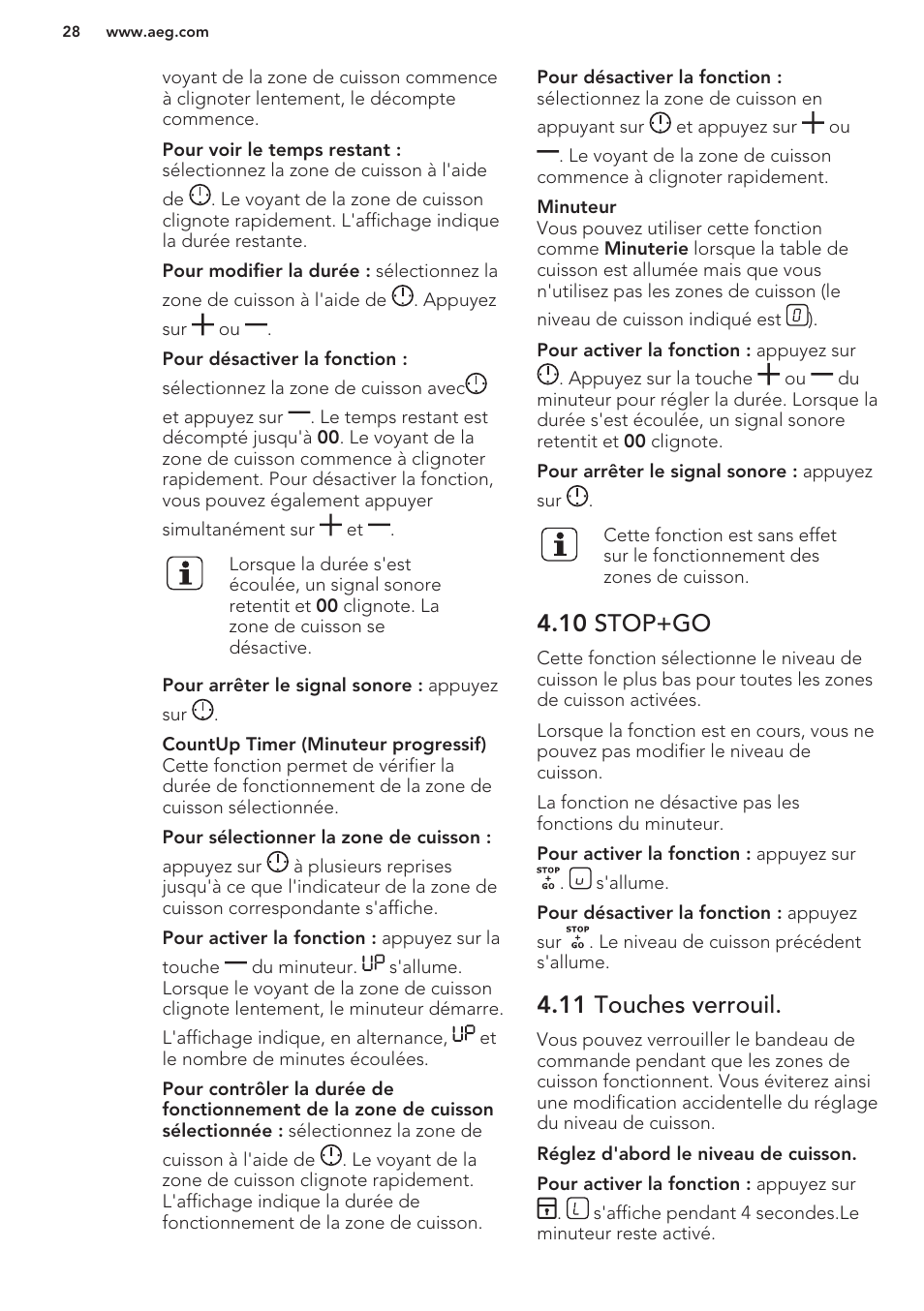 10 stop+go, 11 touches verrouil | AEG HK653320FB User Manual | Page 28 / 60