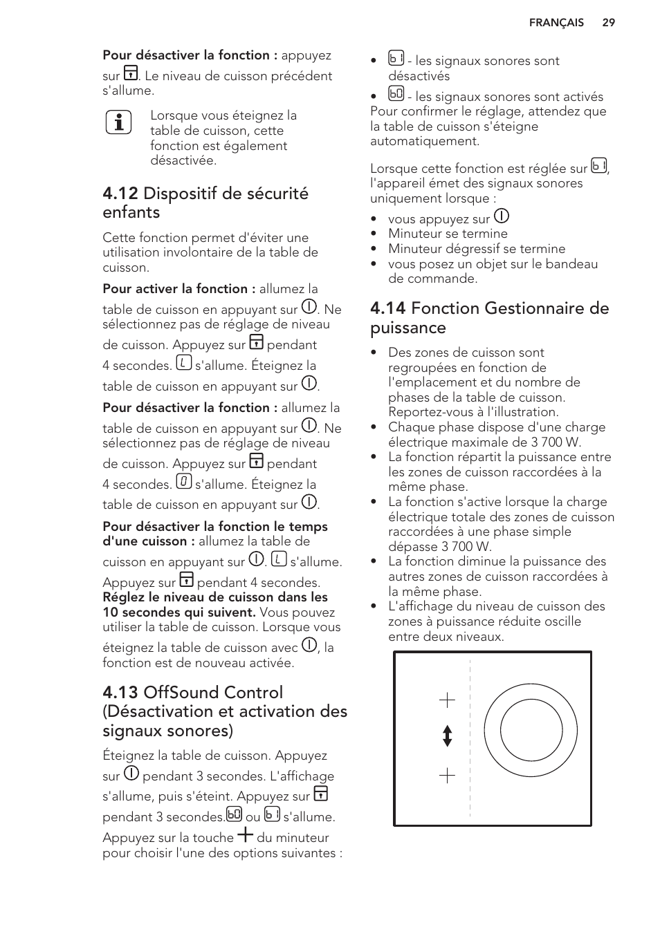 12 dispositif de sécurité enfants, 14 fonction gestionnaire de puissance | AEG HK653320FB User Manual | Page 29 / 60