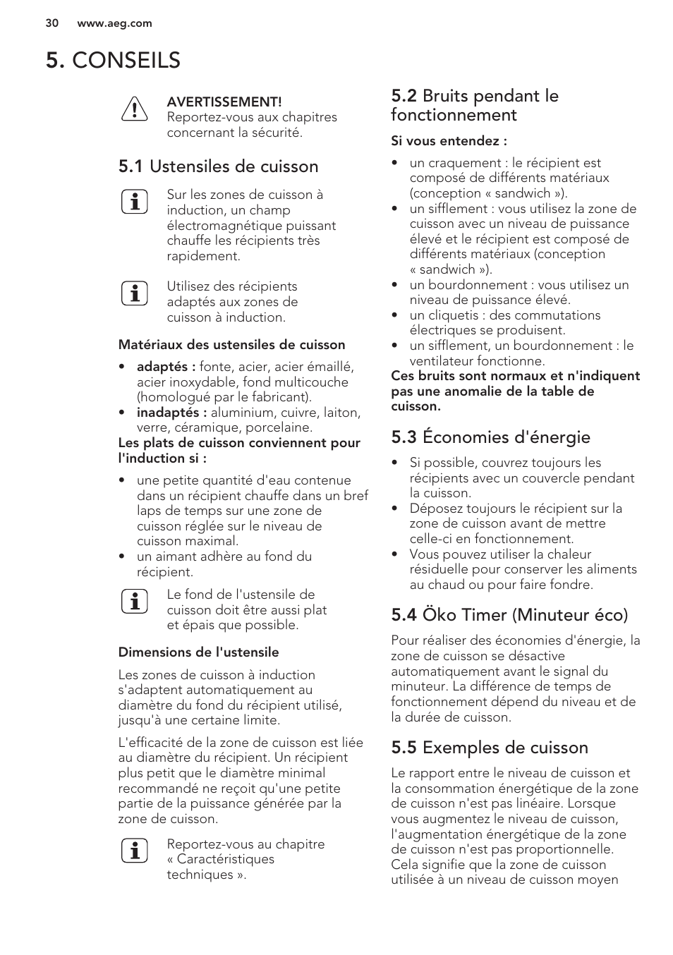 Conseils, 1 ustensiles de cuisson, 2 bruits pendant le fonctionnement | 3 économies d'énergie, 4 öko timer (minuteur éco), 5 exemples de cuisson | AEG HK653320FB User Manual | Page 30 / 60