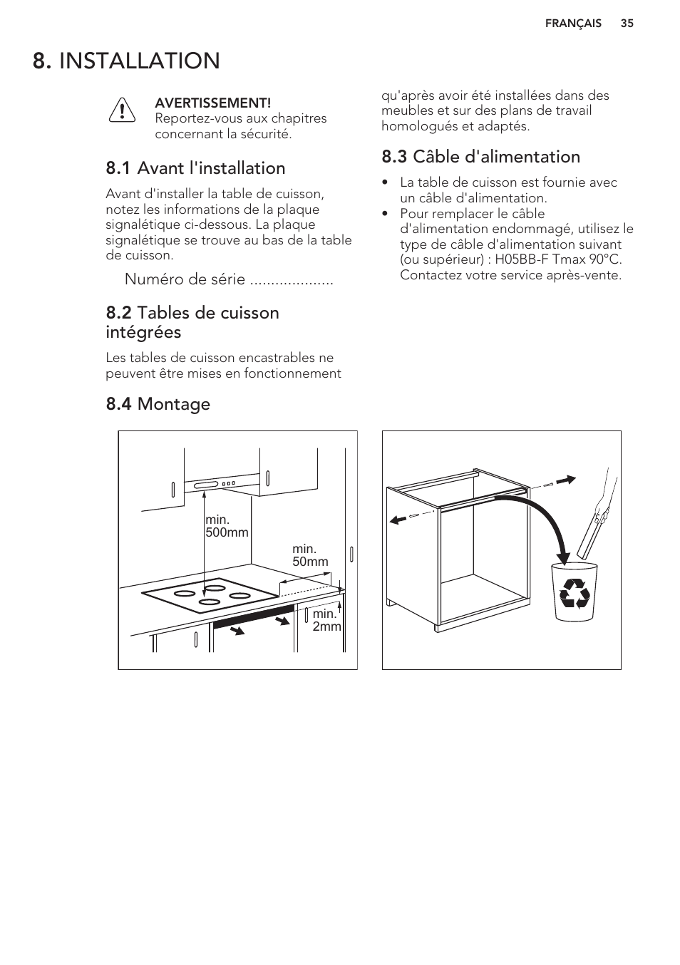 Installation, 1 avant l'installation, 2 tables de cuisson intégrées | 3 câble d'alimentation, 4 montage | AEG HK653320FB User Manual | Page 35 / 60