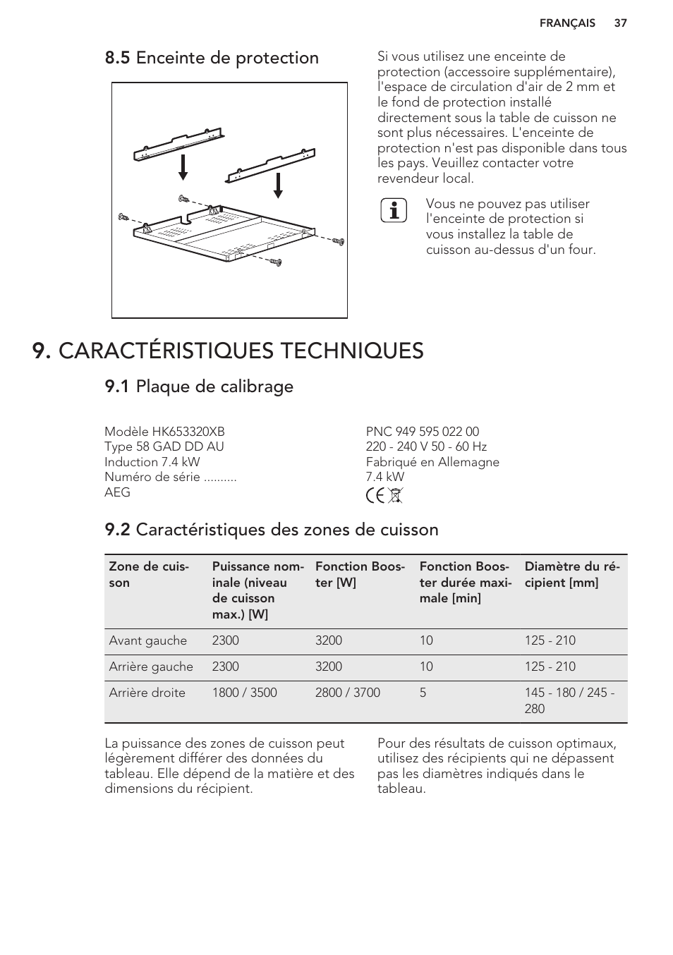 5 enceinte de protection, Caractéristiques techniques, 1 plaque de calibrage | 2 caractéristiques des zones de cuisson | AEG HK653320FB User Manual | Page 37 / 60