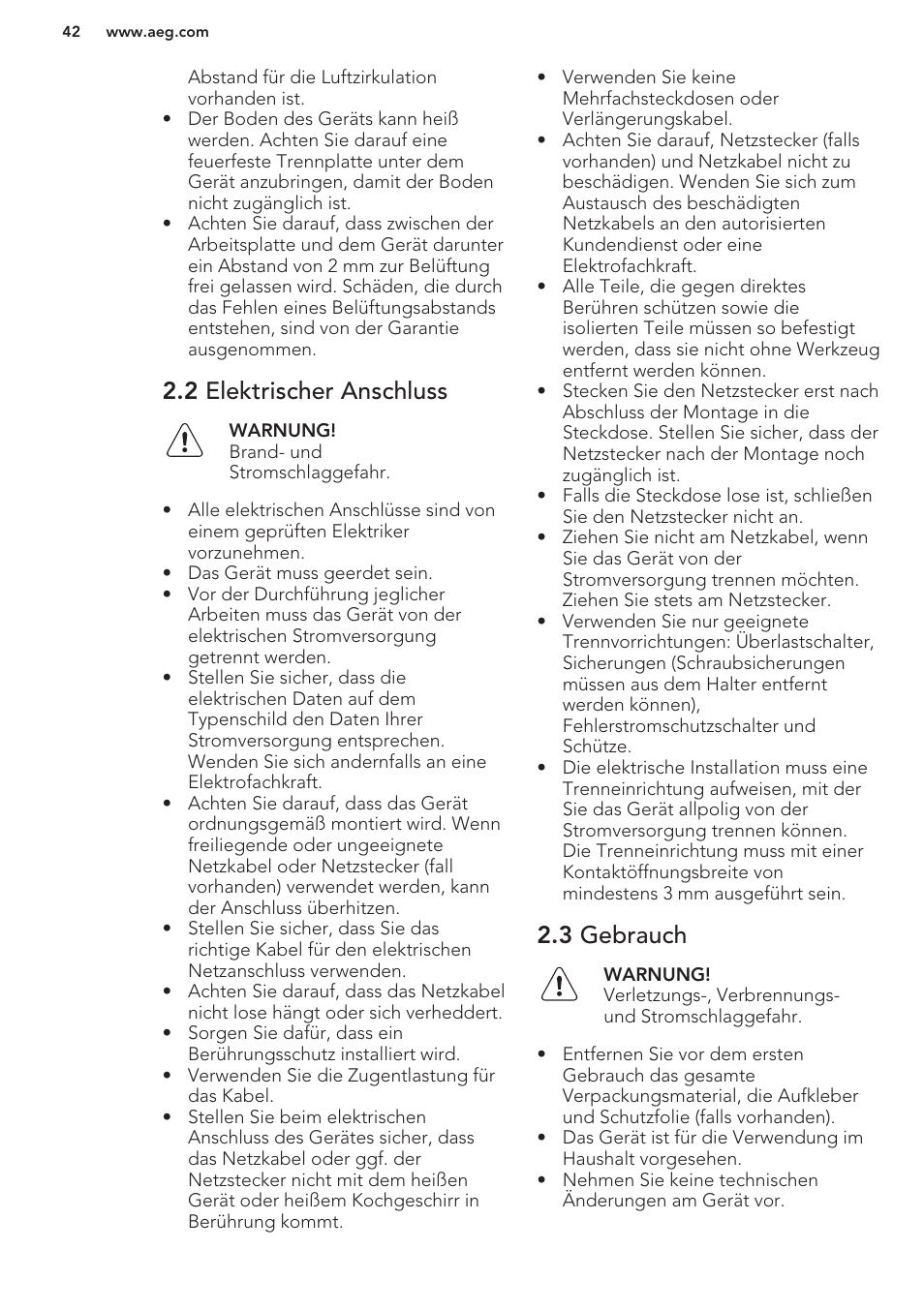 2 elektrischer anschluss, 3 gebrauch | AEG HK653320FB User Manual | Page 42 / 60