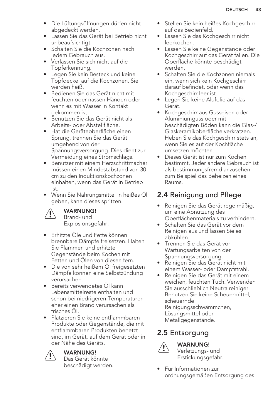4 reinigung und pflege, 5 entsorgung | AEG HK653320FB User Manual | Page 43 / 60