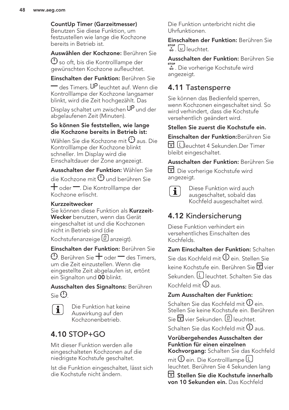 10 stop+go, 11 tastensperre, 12 kindersicherung | AEG HK653320FB User Manual | Page 48 / 60