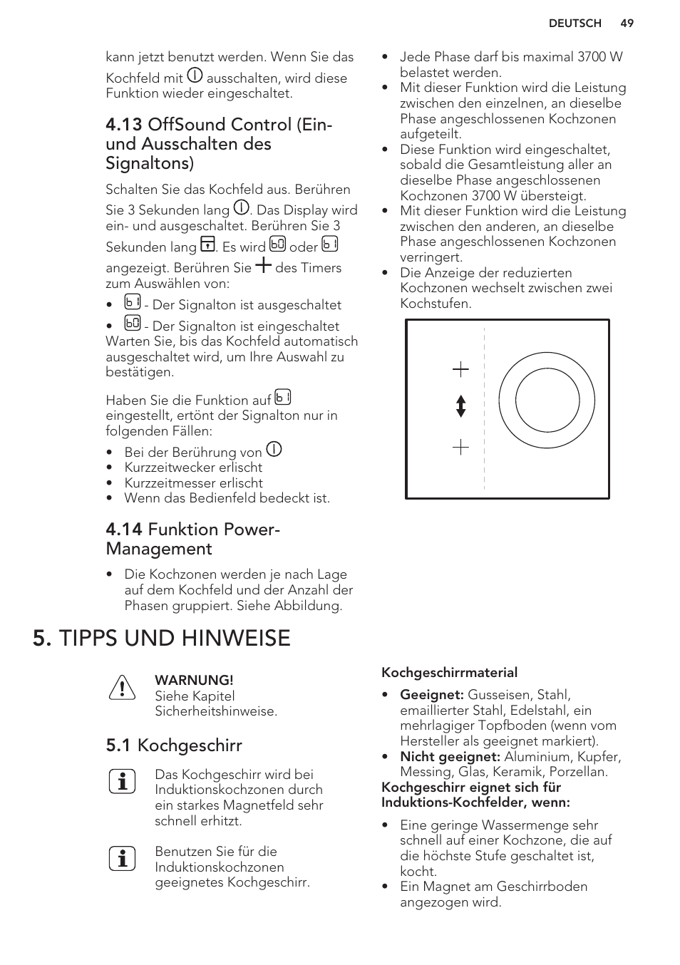 14 funktion power-management, Tipps und hinweise, 1 kochgeschirr | 14 funktion power- management | AEG HK653320FB User Manual | Page 49 / 60