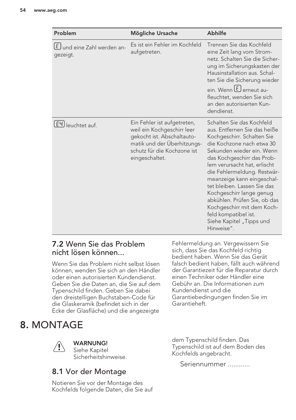 2 wenn sie das problem nicht lösen können, Montage, 1 vor der montage | AEG HK653320FB User Manual | Page 54 / 60