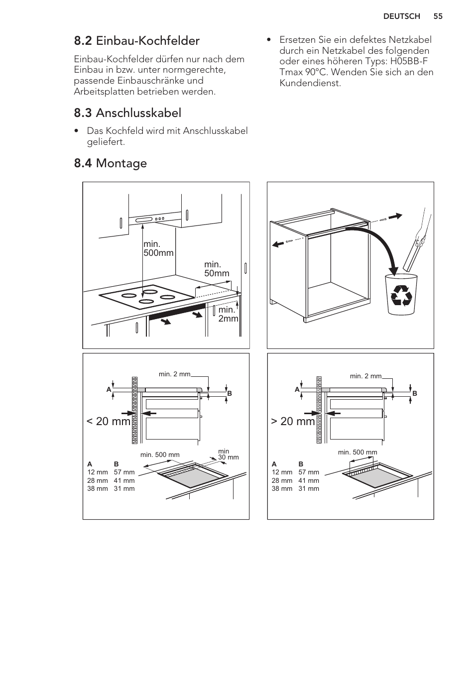 2 einbau-kochfelder, 3 anschlusskabel, 4 montage | 20 mm > 20 mm | AEG HK653320FB User Manual | Page 55 / 60
