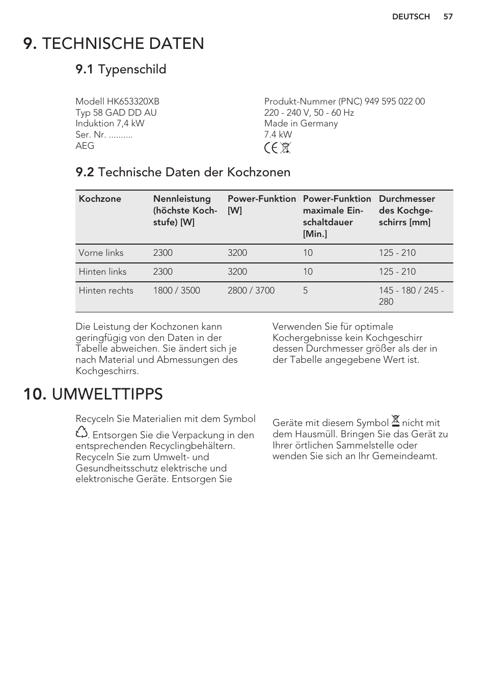 Technische daten, 1 typenschild, 2 technische daten der kochzonen | Umwelttipps | AEG HK653320FB User Manual | Page 57 / 60