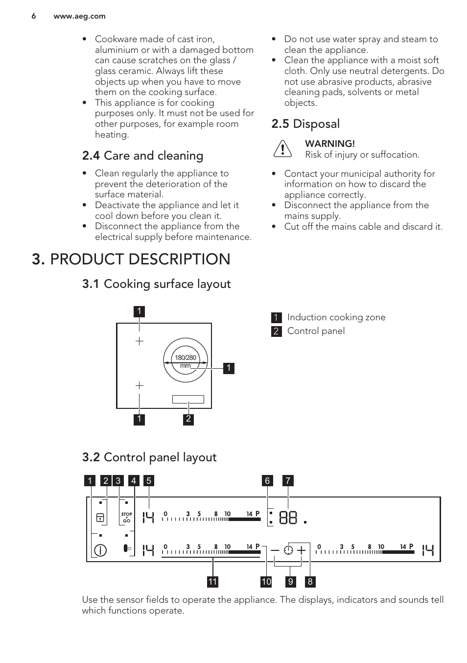 4 care and cleaning, 5 disposal, Product description | 1 cooking surface layout, 2 control panel layout | AEG HK653320FB User Manual | Page 6 / 60