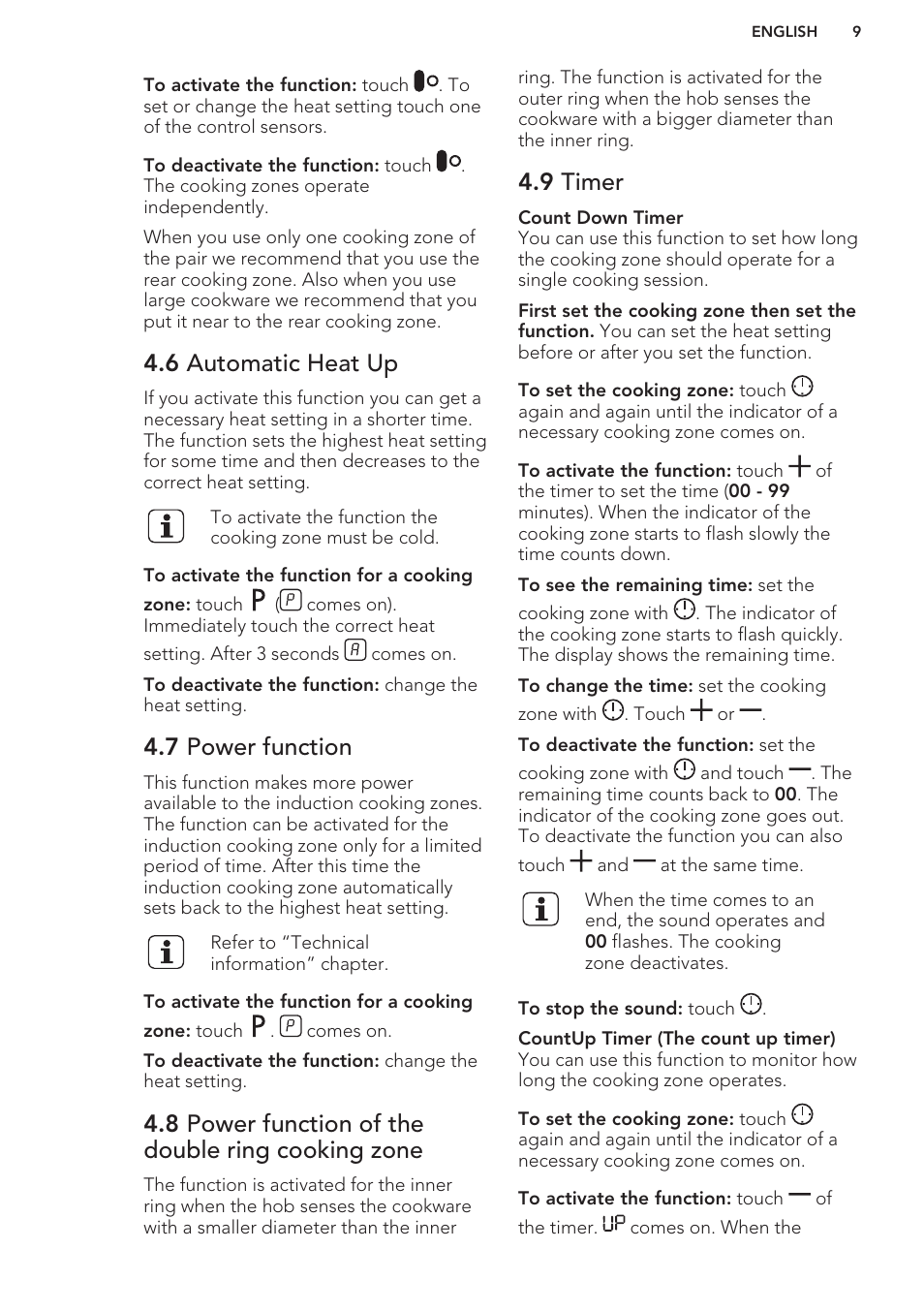 6 automatic heat up, 7 power function, 8 power function of the double ring cooking zone | 9 timer | AEG HK653320FB User Manual | Page 9 / 60