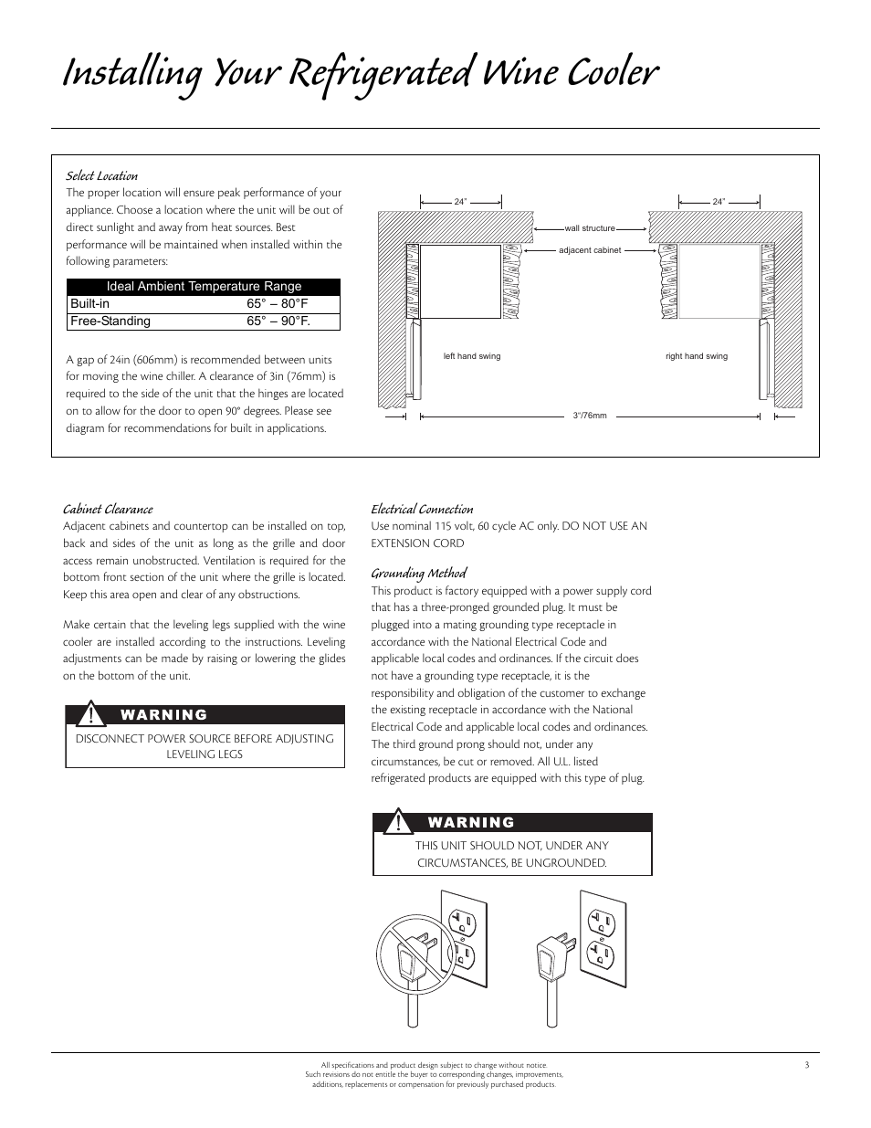 Installing your refrigerated wine cooler, Select location, Cabinet clearance | Electrical connection, Grounding method | Aga Ranges 115V User Manual | Page 3 / 12