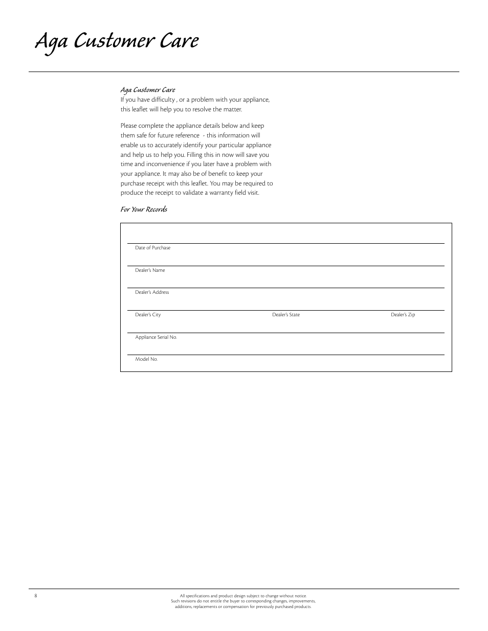 Aga customer care, For your records | Aga Ranges 115V User Manual | Page 8 / 12