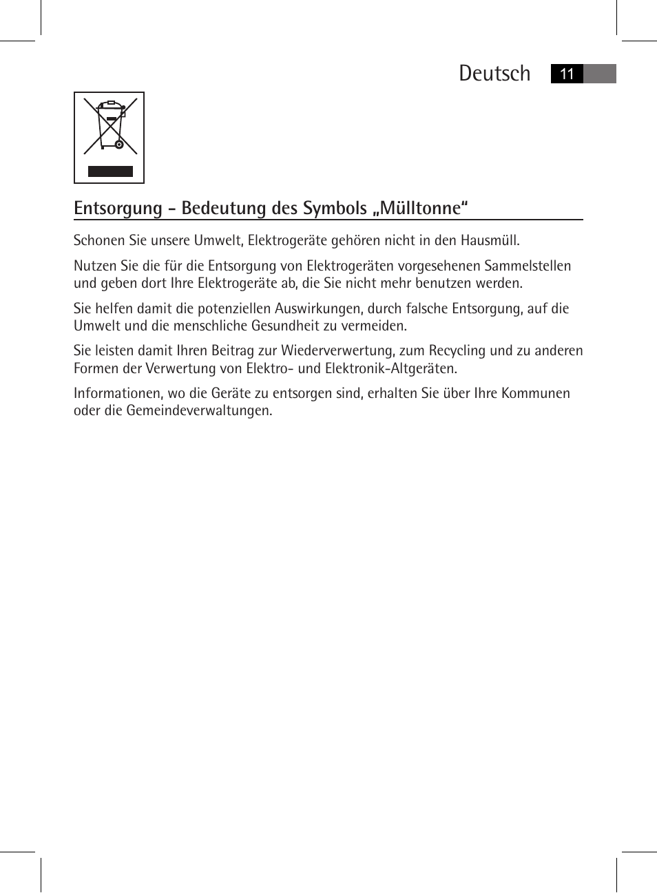 Deutsch, Entsorgung - bedeutung des symbols „mülltonne | AEG MSS 5572 User Manual | Page 11 / 74