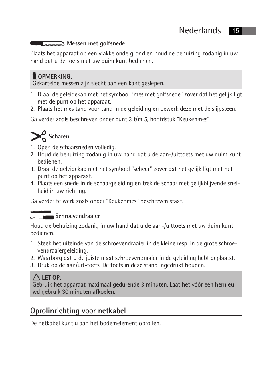 Nederlands, Oprolinrichting voor netkabel | AEG MSS 5572 User Manual | Page 15 / 74