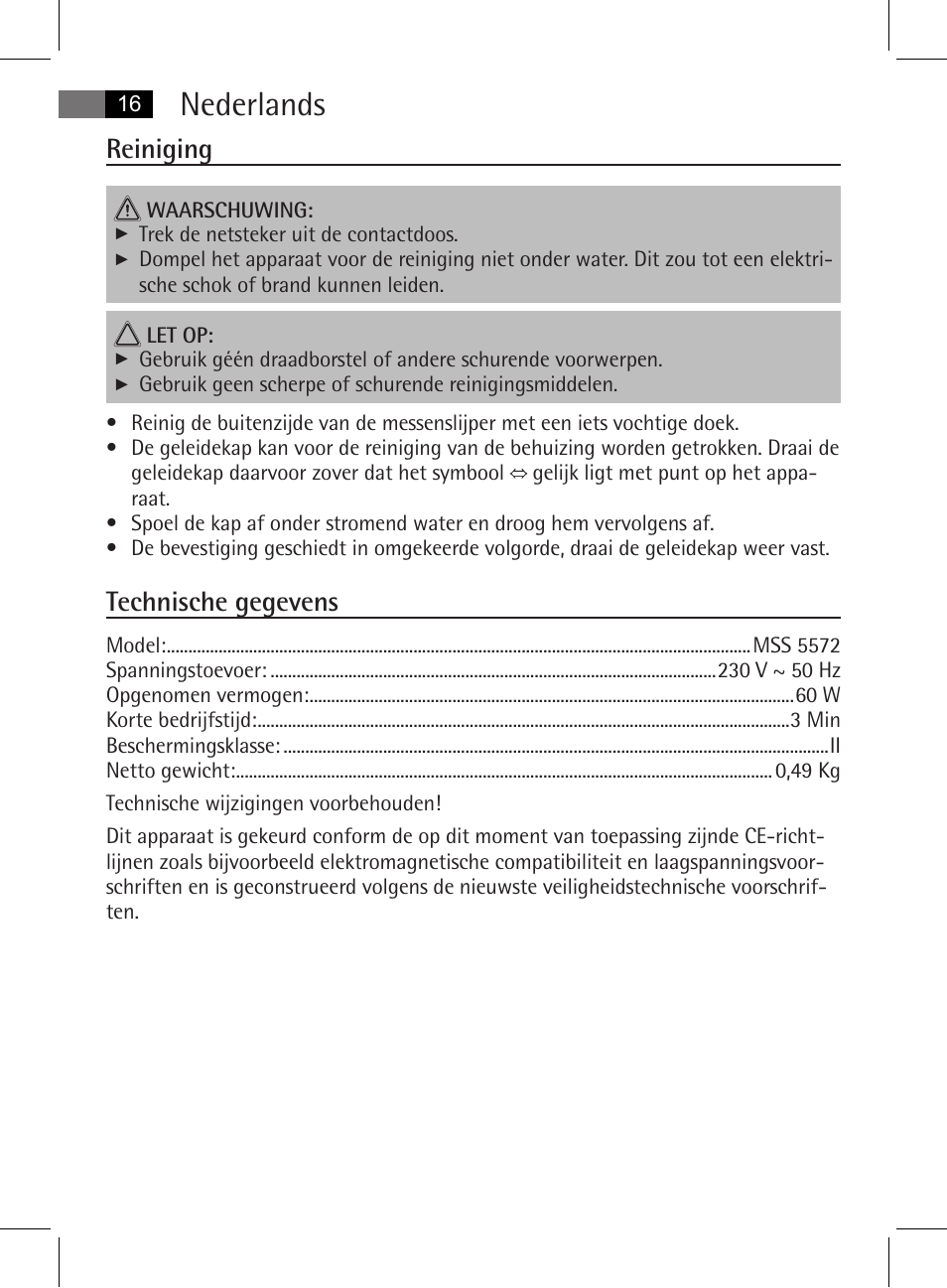 Nederlands, Reiniging, Technische gegevens | AEG MSS 5572 User Manual | Page 16 / 74