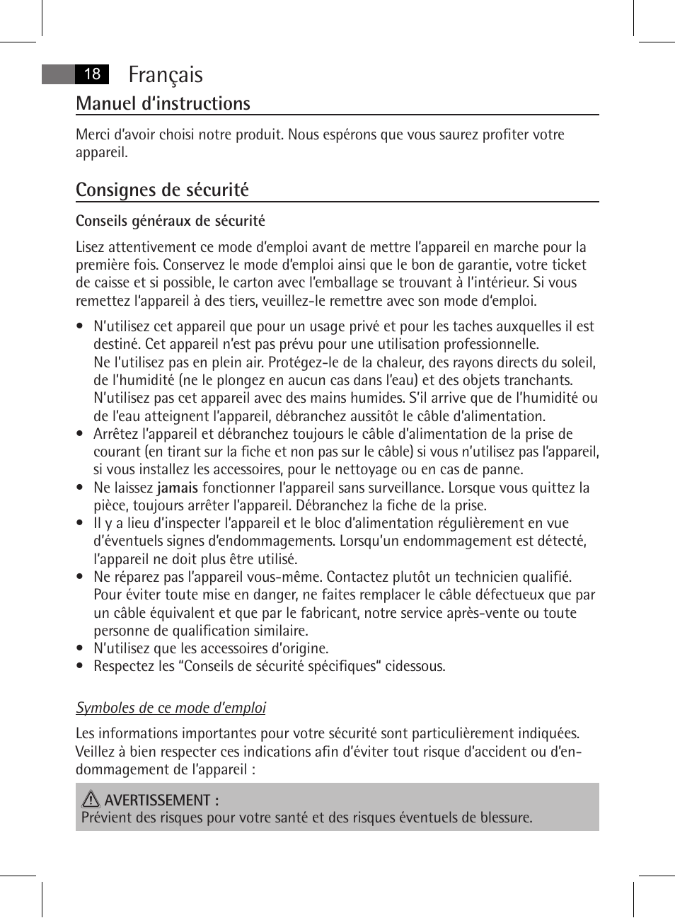 Français, Manuel d‘instructions, Consignes de sécurité | AEG MSS 5572 User Manual | Page 18 / 74