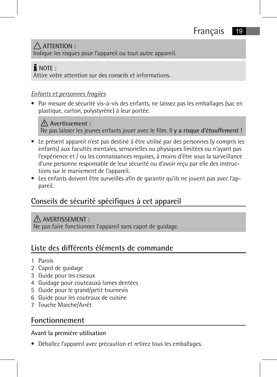 Français, Conseils de sécurité spécifiques à cet appareil, Liste des différents éléments de commande | Fonctionnement | AEG MSS 5572 User Manual | Page 19 / 74