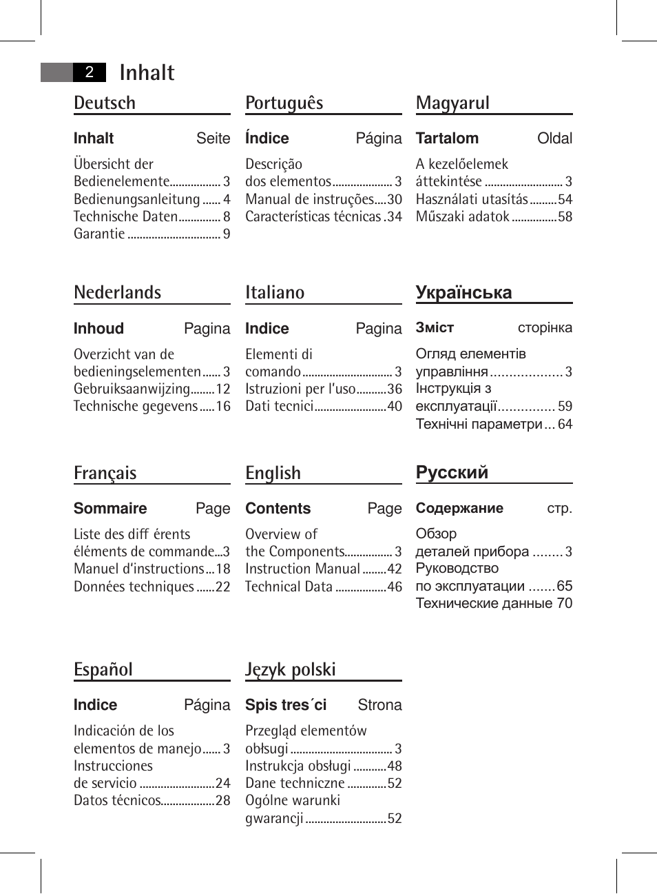 Inhalt, Magyarul, Português | Deutsch, Nederlands, Italiano, Français, English, Español, Język polski | AEG MSS 5572 User Manual | Page 2 / 74