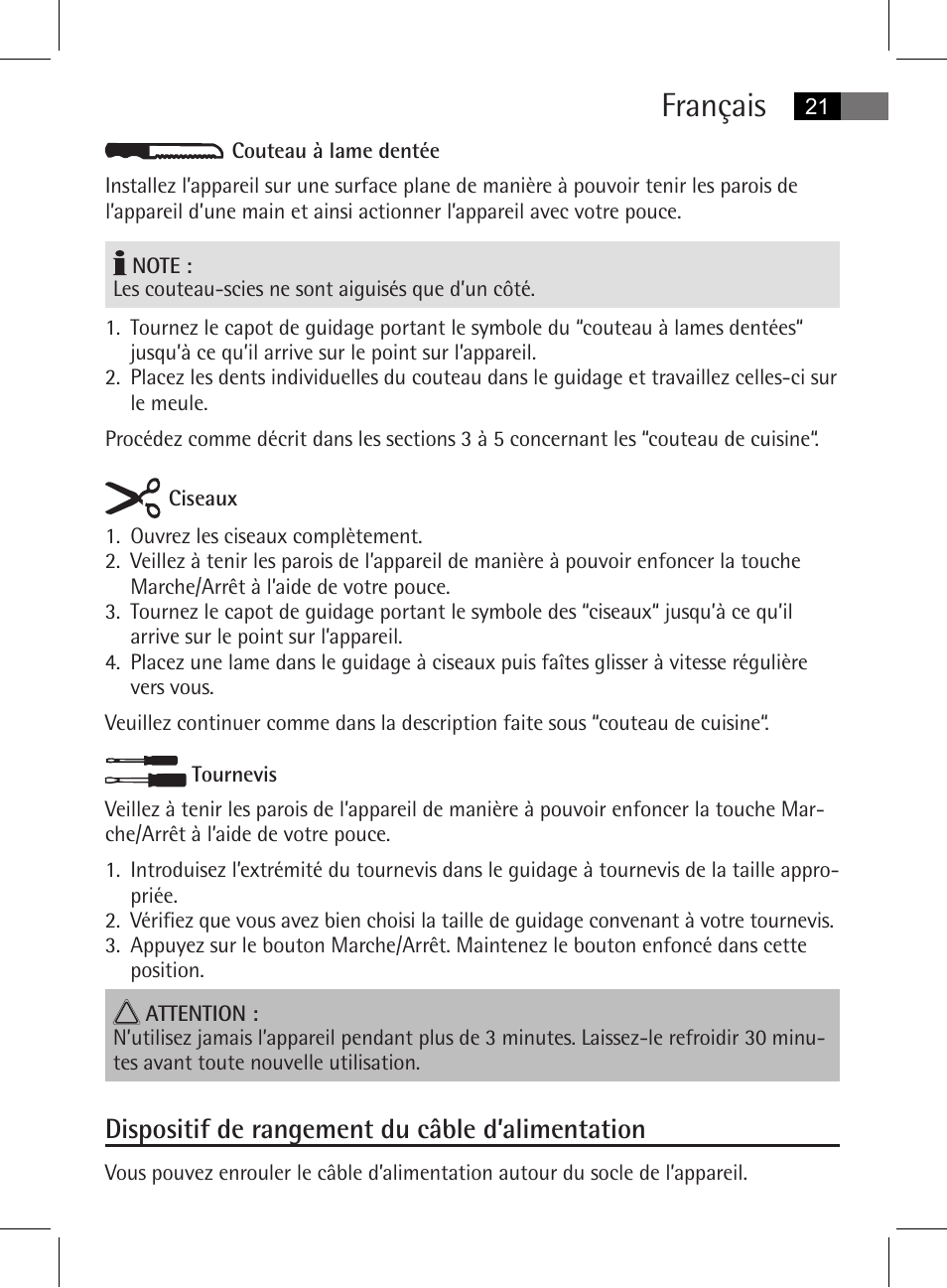 Français, Dispositif de rangement du câble d’alimentation | AEG MSS 5572 User Manual | Page 21 / 74