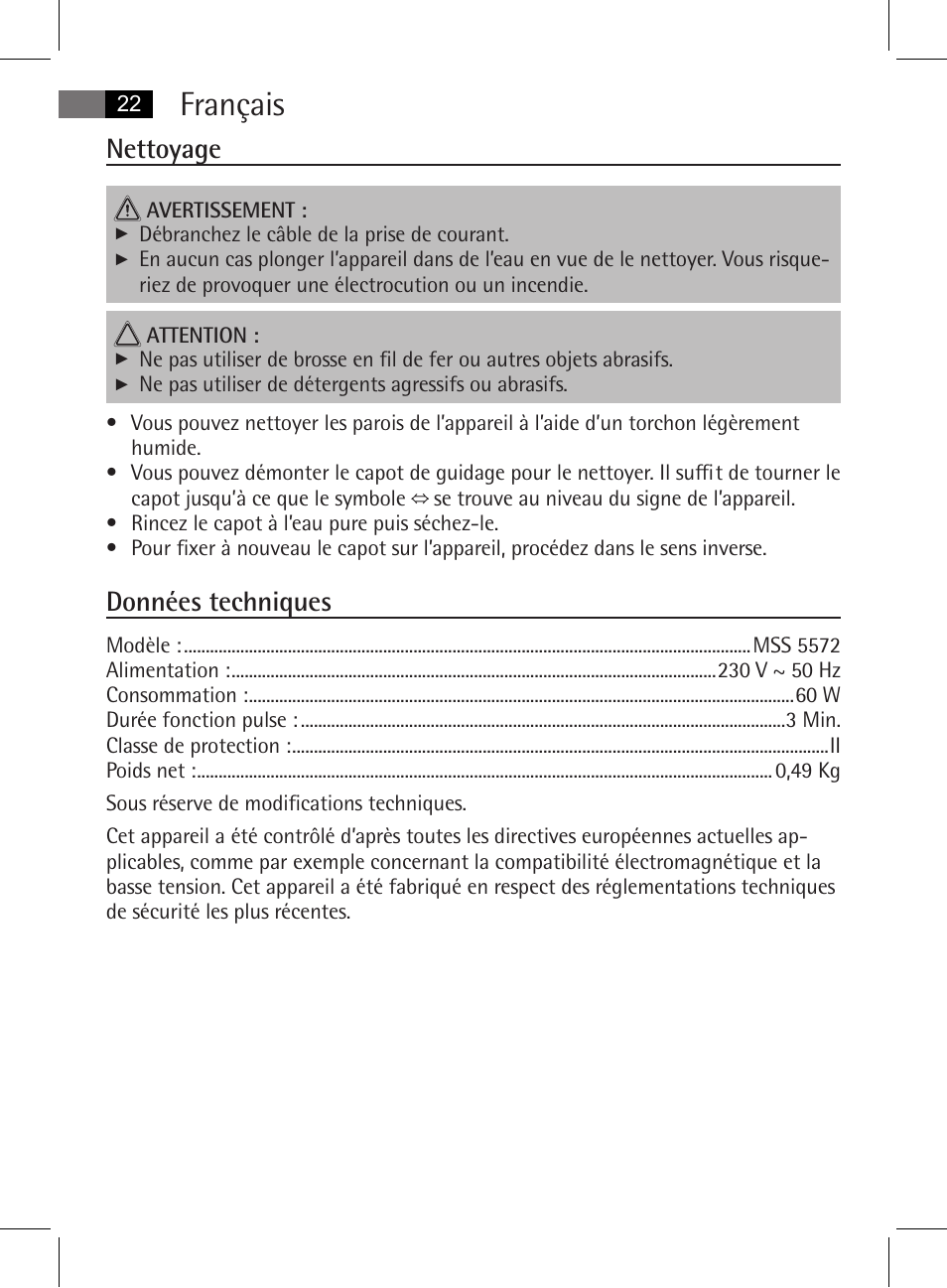 Français, Nettoyage, Données techniques | AEG MSS 5572 User Manual | Page 22 / 74