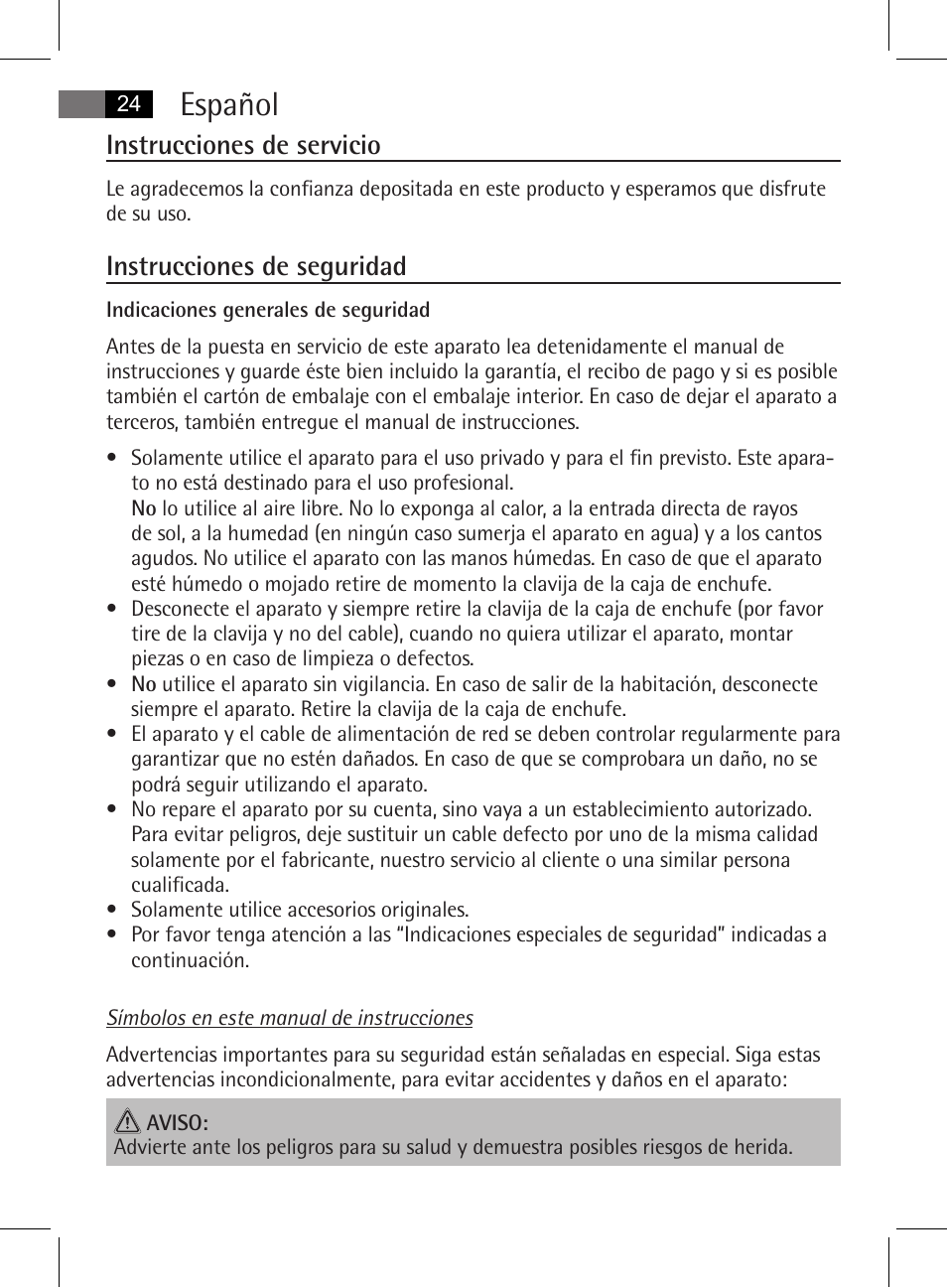 Español, Instrucciones de servicio, Instrucciones de seguridad | AEG MSS 5572 User Manual | Page 24 / 74