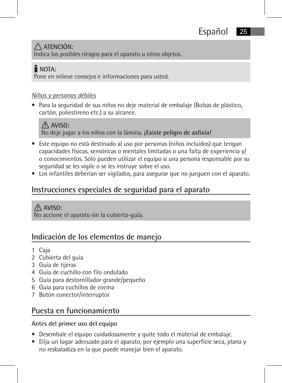 Español, Indicación de los elementos de manejo, Puesta en funcionamiento | AEG MSS 5572 User Manual | Page 25 / 74
