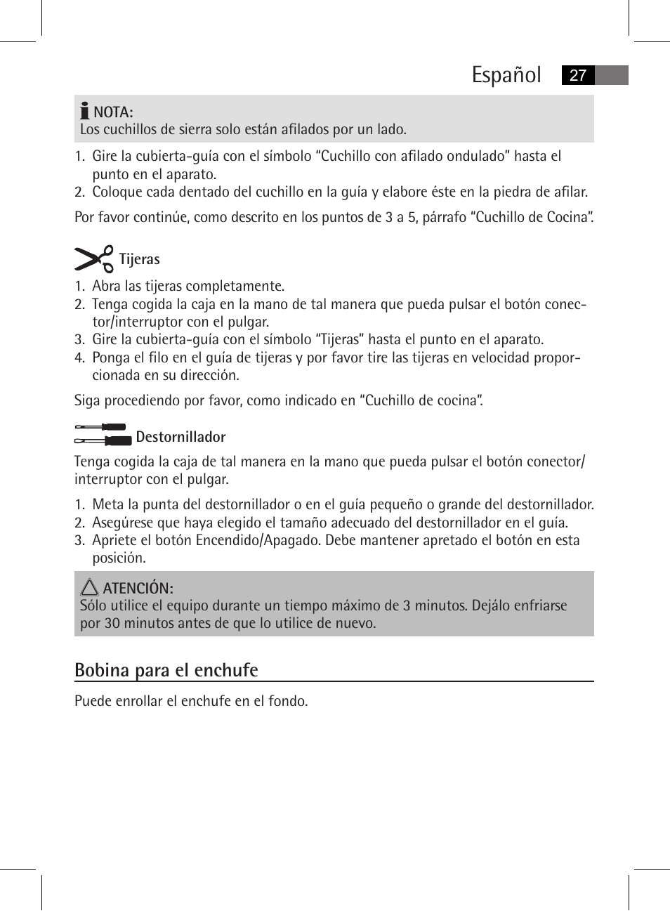 Español, Bobina para el enchufe | AEG MSS 5572 User Manual | Page 27 / 74